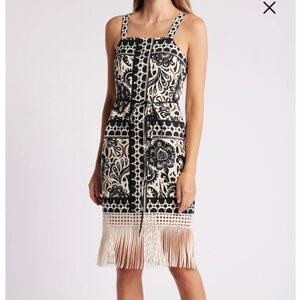 Tahari ASL Black and Cream Patterned Midi Dress